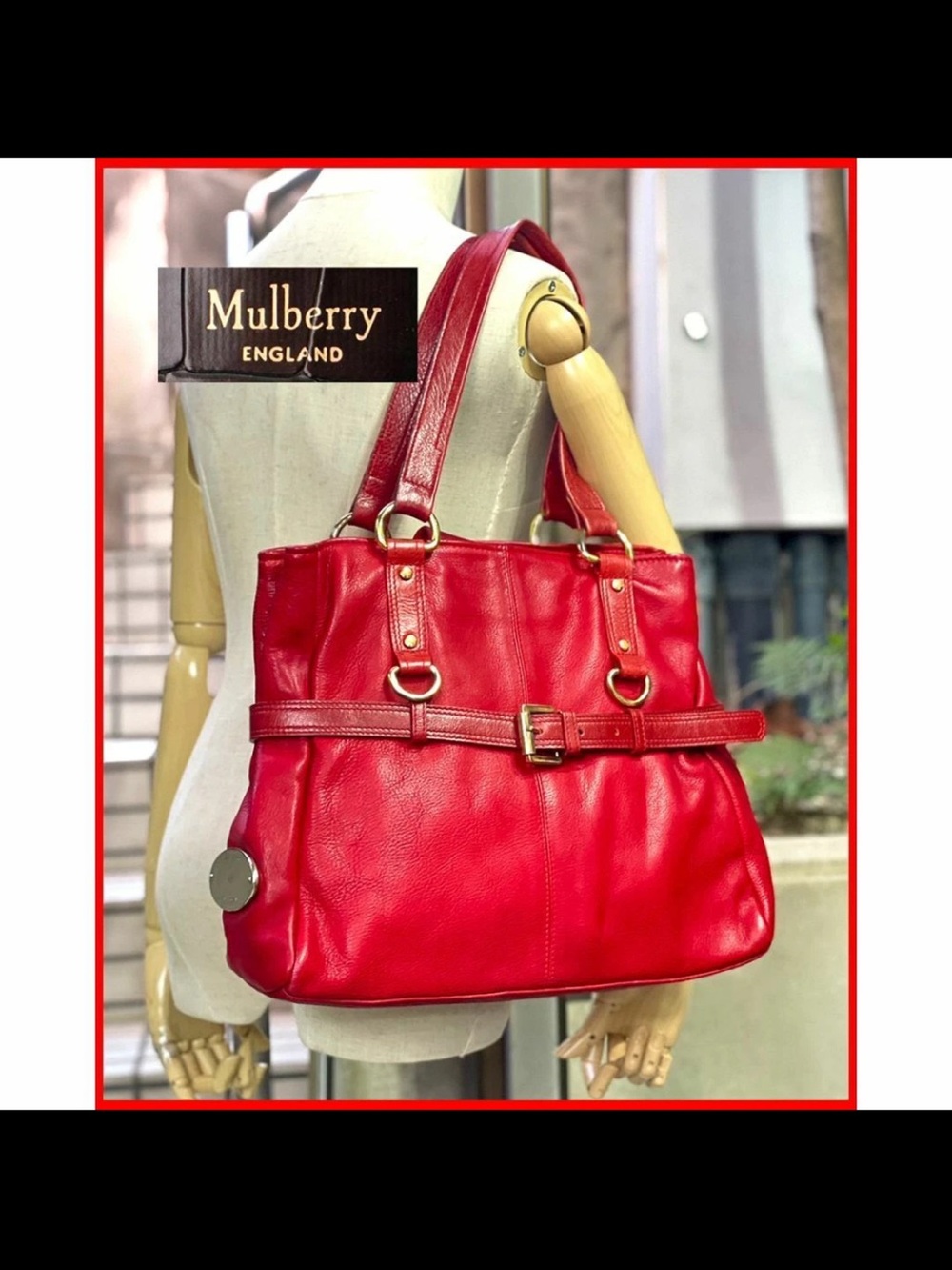 Mulberry Red Leather Shoulder Tote with Belt Detail